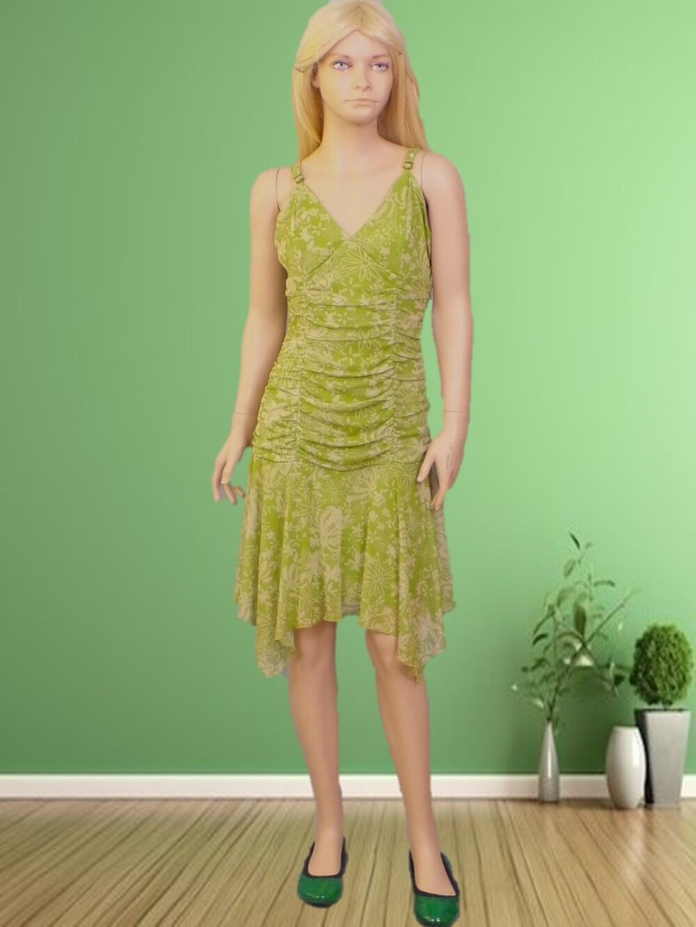 WILD FABLE size XS green floral off-shoulder thin-strapped party/cocktail dress